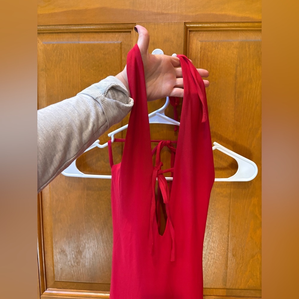 White Fox Boutique Red Halter Maxi Dress with Ruffle Slit - Picture 6 of 14